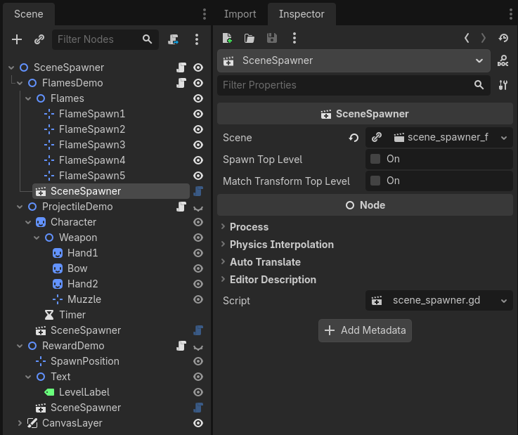 SceneSpawner setup for the flame demo