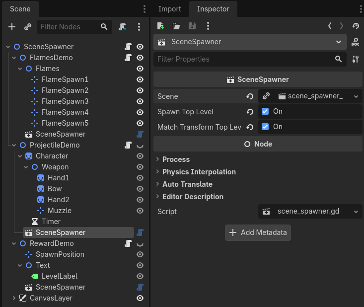 SceneSpawner setup for the projectile demo