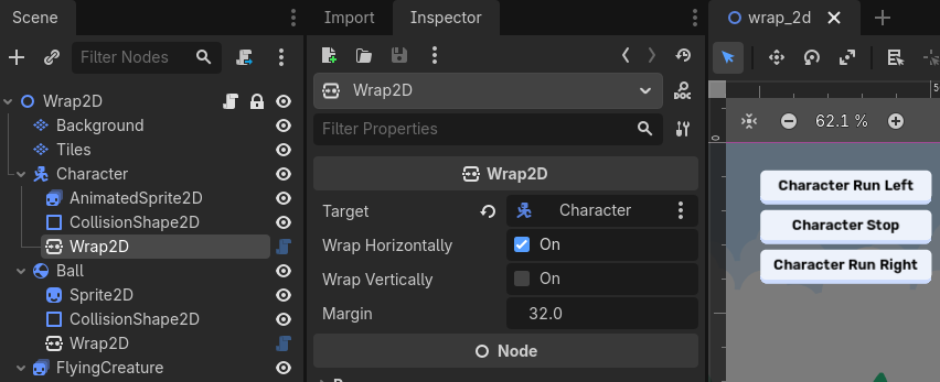Wrap2D component applied to a CharacterBody2D