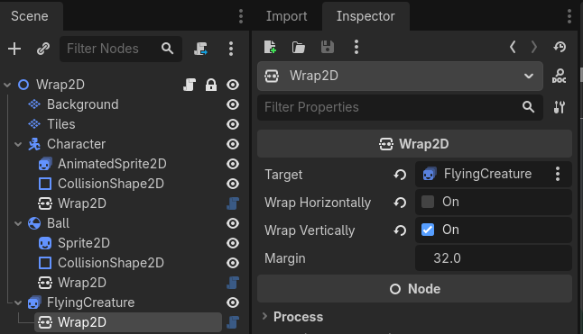 Wrap2D component applied to an AnimatedSprite2D