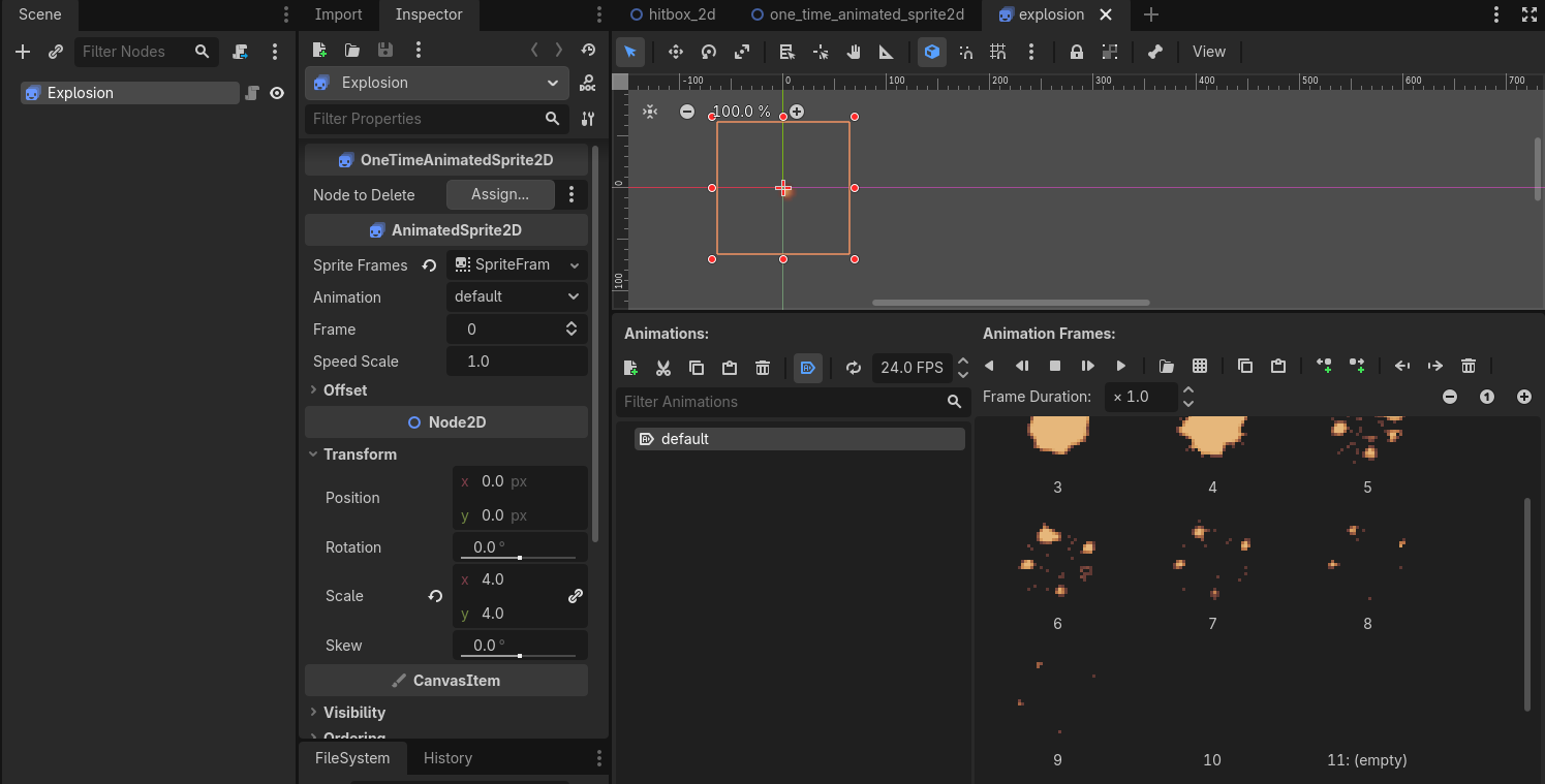 Example scene setup for a OneTimeAnimatedSprite2D