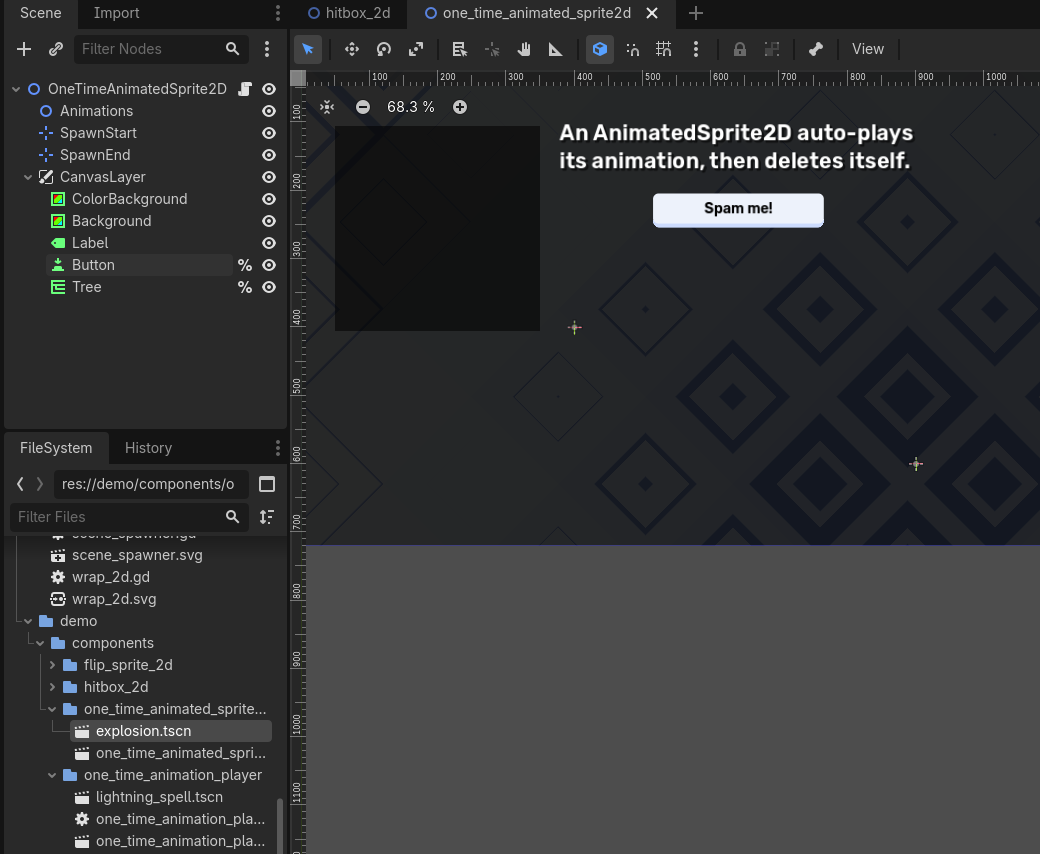OneTimeAnimatedSprite2D example scene setup